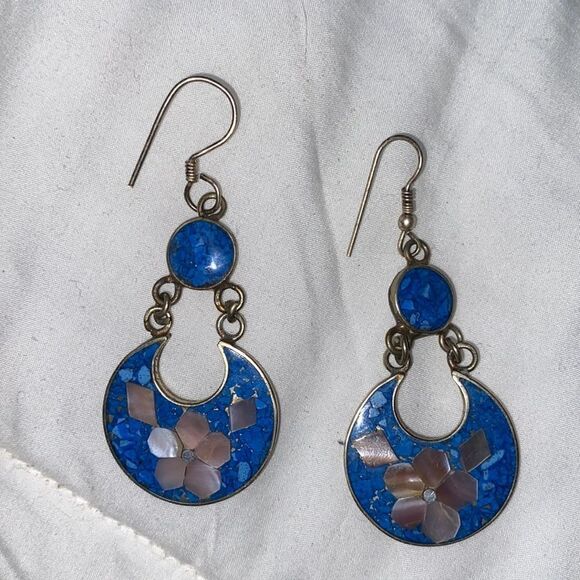 Genuine Lapis & mother of  Signed Alpoco Mexico Silver Mosaic  Flower Earrings - Picture 2 of 11